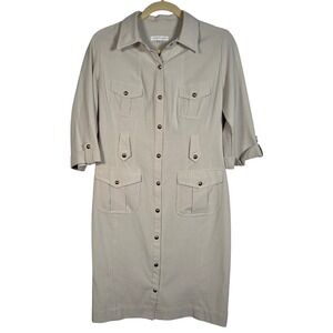 Sandra Darren Women Tan Utility Shirt Dress Button Front Cargo Pockets Size 6